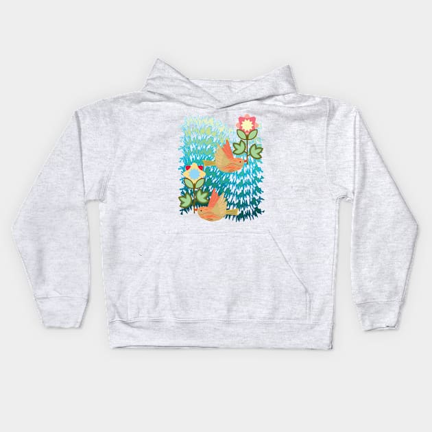 Two birds bring flowers Kids Hoodie by tepy 